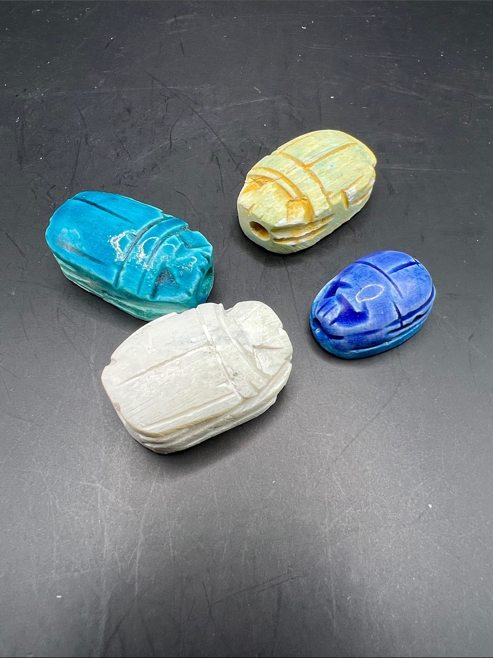 Hand-Carved Scarab Accent Beads in White, Turquoise, Yellow, and Blue